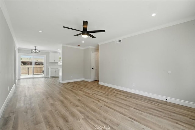 1717 Norval St, Pomona, CA 91766 - unfurnished living room featuring a chandelier, crown molding, light wood-style flooring, recessed lighting, and a ceiling fan