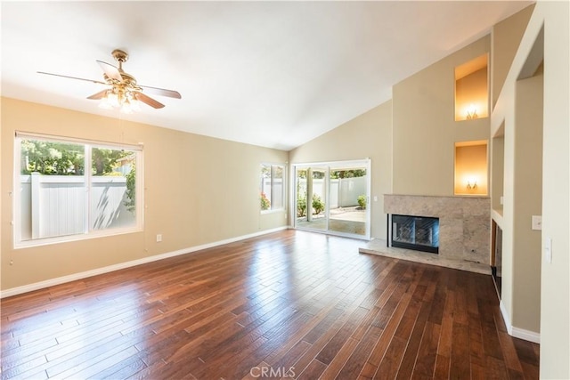 6419 Panorama Ct, Rancho Cucamonga, CA 91737 - unfurnished living room featuring a premium fireplace, dark wood-style flooring, ceiling fan, and high vaulted ceiling