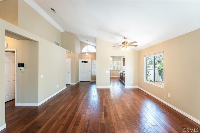 6419 Panorama Ct, Rancho Cucamonga, CA 91737 - unfurnished living room featuring vaulted ceiling, dark wood-style flooring, and ceiling fan