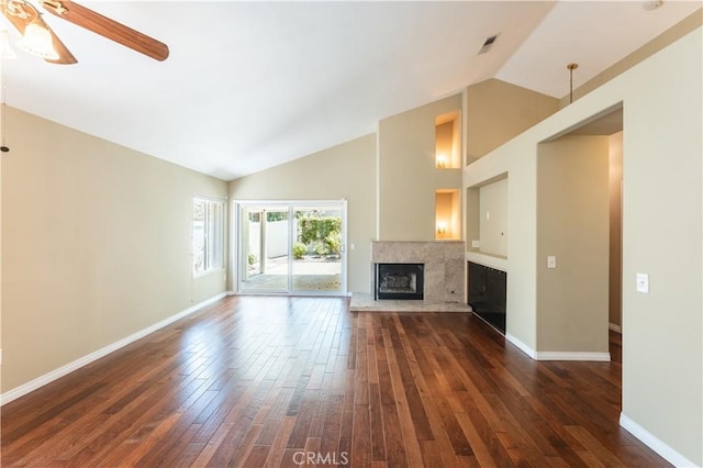 6419 Panorama Ct, Rancho Cucamonga, CA 91737 - unfurnished living room featuring dark wood-style flooring, ceiling fan, a premium fireplace, and high vaulted ceiling