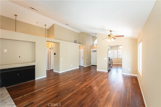 6419 Panorama Ct, Rancho Cucamonga, CA 91737 - unfurnished living room with a ceiling fan, dark wood-type flooring, and high vaulted ceiling