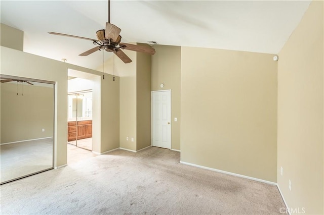 6419 Panorama Ct, Rancho Cucamonga, CA 91737 - unfurnished bedroom with light colored carpet, ensuite bath, a ceiling fan, and high vaulted ceiling