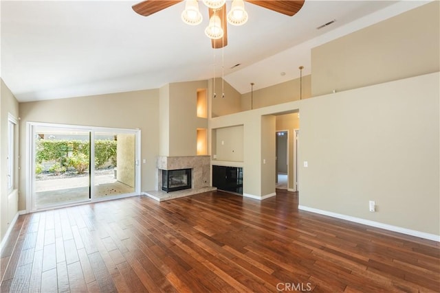 6419 Panorama Ct, Rancho Cucamonga, CA 91737 - unfurnished living room featuring a ceiling fan, dark wood-type flooring, a high end fireplace, and high vaulted ceiling