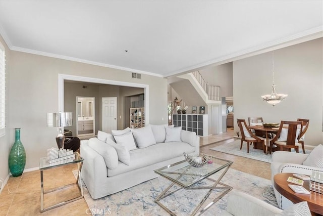 42 Paseo Alba, San Clemente, CA 92672 - tiled living room with a chandelier, crown molding, and stairway
