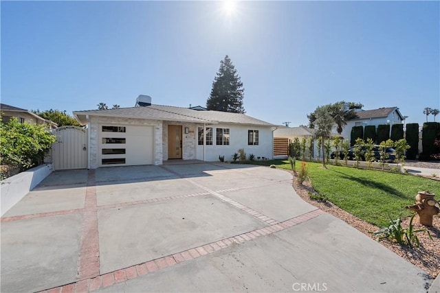 3273 Tilden Ave, Los Angeles, CA 90034 - ranch-style home with concrete driveway, a front lawn, an attached garage, and a gate