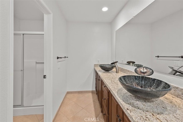 4346 Los Padres Dr, Fallbrook, CA 92028 - bathroom with a stall shower, tile patterned floors, recessed lighting, and double vanity