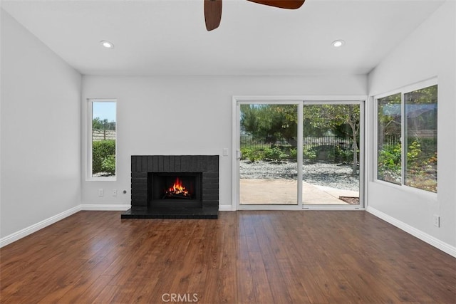 4346 Los Padres Dr, Fallbrook, CA 92028 - unfurnished living room with wood finished floors, ceiling fan, a fireplace, and recessed lighting