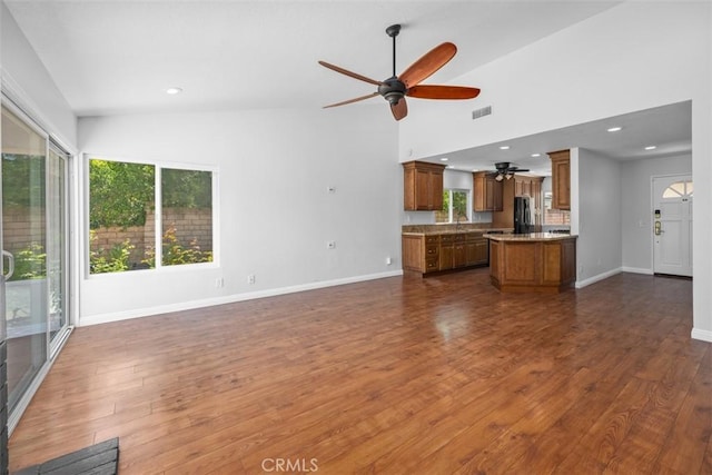 4346 Los Padres Dr, Fallbrook, CA 92028 - unfurnished living room with ceiling fan, dark wood-style floors, recessed lighting, and high vaulted ceiling