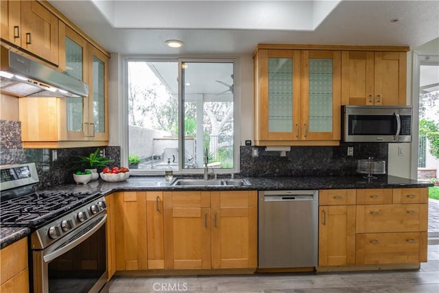 1530 Cyrus Ln, Placentia, CA 92870 - kitchen with stainless steel appliances, under cabinet range hood, dark stone counters, decorative backsplash, and light wood finished floors
