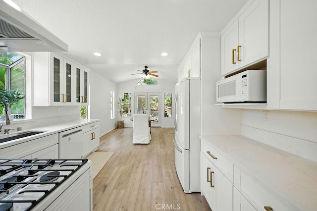 24322 Via Las Junitas, Murrieta, CA 92562 - kitchen with white appliances, healthy amount of natural light, white cabinets, light wood-type flooring, and recessed lighting
