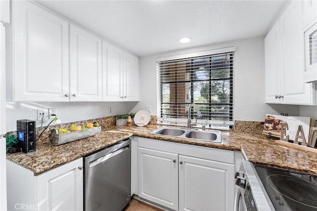 25521 Indian Hill Ln Unit L, Laguna Hills, CA 92653 - kitchen featuring appliances with stainless steel finishes, white cabinetry, stone countertops, and recessed lighting