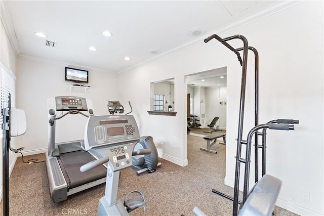 25521 Indian Hill Ln Unit L, Laguna Hills, CA 92653 - workout area featuring ornamental molding, recessed lighting, and carpet floors