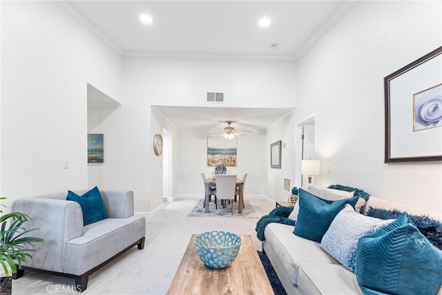 25521 Indian Hill Ln Unit L, Laguna Hills, CA 92653 - living room featuring ceiling fan, crown molding, carpet floors, and recessed lighting