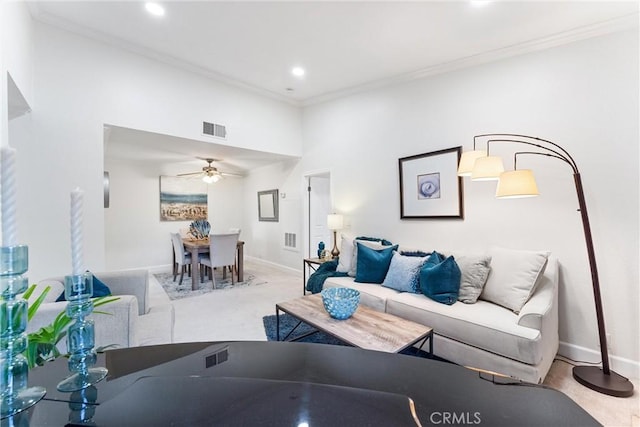 25521 Indian Hill Ln Unit L, Laguna Hills, CA 92653 - living area featuring a ceiling fan, ornamental molding, and recessed lighting
