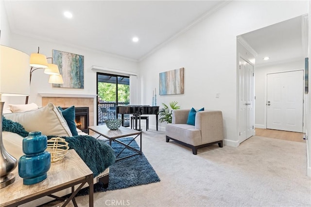 25521 Indian Hill Ln Unit L, Laguna Hills, CA 92653 - living area featuring ornamental molding, a fireplace, carpet floors, and recessed lighting