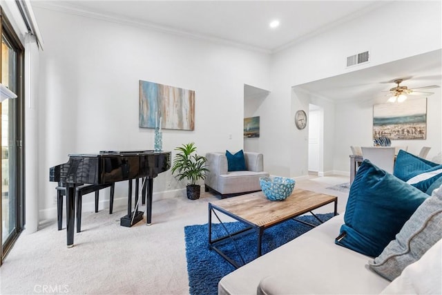 25521 Indian Hill Ln Unit L, Laguna Hills, CA 92653 - living room with light carpet, crown molding, healthy amount of natural light, recessed lighting, and ceiling fan