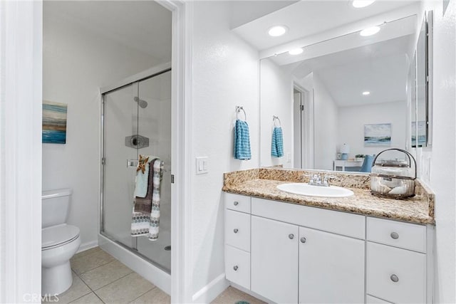 25521 Indian Hill Ln Unit L, Laguna Hills, CA 92653 - full bathroom featuring tile patterned flooring, a shower stall, vanity, and recessed lighting