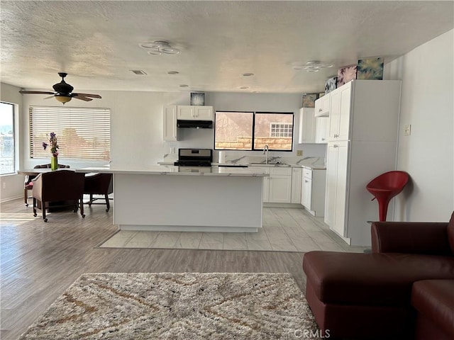 13915 Spring Valley Pkwy, Victorville, CA 92395 - kitchen with range, under cabinet range hood, a ceiling fan, light countertops, and white cabinetry