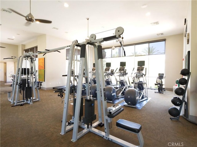 5429 Strand Unit 101, Hawthorne, CA 90250 - exercise room featuring carpet flooring, ceiling fan, and recessed lighting