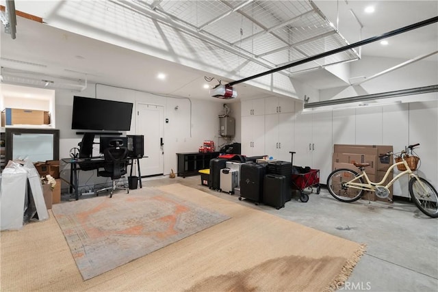 20 Whistling Isle, Irvine, CA 92614 - garage featuring a garage door opener, water heater, and recessed lighting