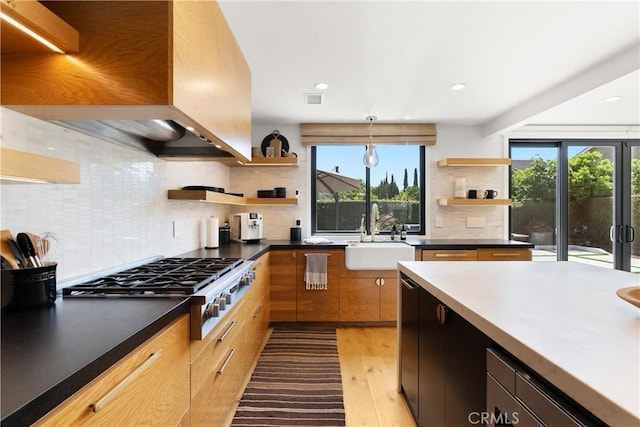 20 Whistling Isle, Irvine, CA 92614 - kitchen featuring open shelves, exhaust hood, stainless steel gas stovetop, light wood-style floors, and tasteful backsplash