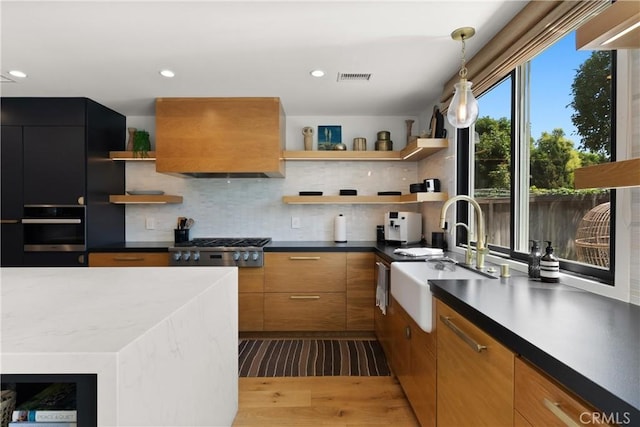 20 Whistling Isle, Irvine, CA 92614 - kitchen featuring open shelves, appliances with stainless steel finishes, premium range hood, tasteful backsplash, and dark countertops