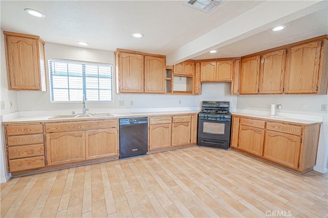 44623 Gingham Ave, Lancaster, CA 93535 - kitchen featuring black appliances, light wood-style flooring, recessed lighting, light countertops, and open shelves