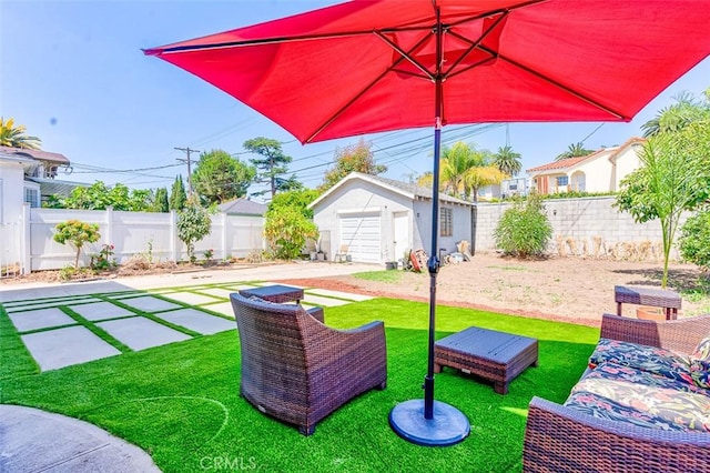 715 S Norton Ave, Los Angeles, CA 90005 - fenced backyard featuring an outdoor structure, a garage, and a patio