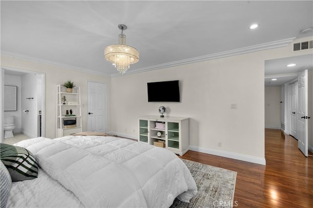 1215 Brockton Ave Unit 203, Los Angeles, CA 90025 - bedroom with crown molding, a chandelier, wood finished floors, ensuite bathroom, and recessed lighting