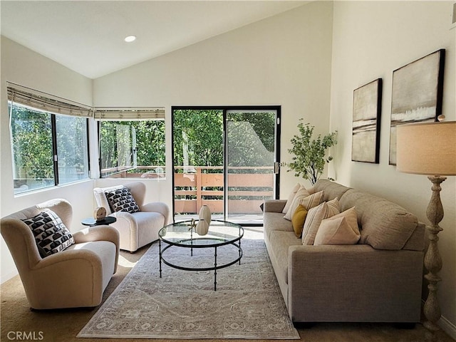 22832 Hilton Head Dr Unit 98, Diamond Bar, CA 91765 - carpeted living area featuring vaulted ceiling and recessed lighting