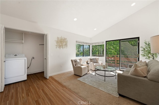 22832 Hilton Head Dr Unit 98, Diamond Bar, CA 91765 - living area with washer / dryer, wood finished floors, recessed lighting, and high vaulted ceiling