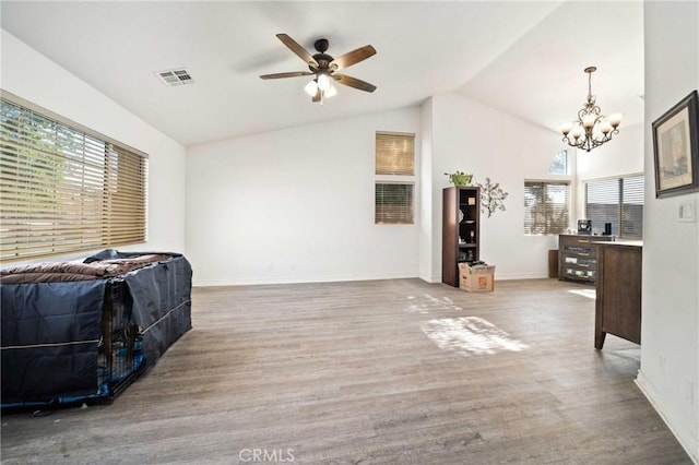 2908 Owens Way, Rosamond, CA 93560 - sitting room featuring lofted ceiling, a chandelier, ceiling fan, and wood finished floors