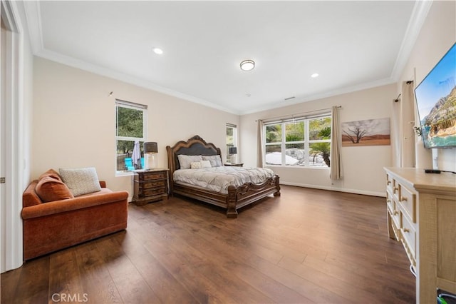 26677 Avenida Del Oro, Temecula, CA 92590 - bedroom featuring dark wood-type flooring, multiple windows, crown molding, and recessed lighting
