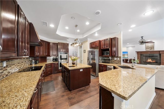 26677 Avenida Del Oro, Temecula, CA 92590 - kitchen with appliances with stainless steel finishes, a ceiling fan, dark wood finished floors, backsplash, and a tray ceiling