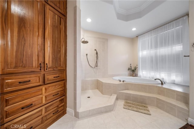 26677 Avenida Del Oro, Temecula, CA 92590 - bathroom featuring a tile shower, tile patterned flooring, a garden tub, recessed lighting, and ornamental molding