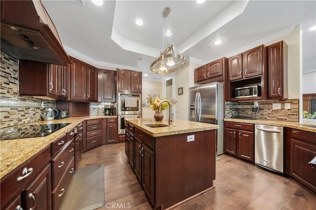 26677 Avenida Del Oro, Temecula, CA 92590 - kitchen with stainless steel appliances, exhaust hood, a raised ceiling, backsplash, and a center island with sink