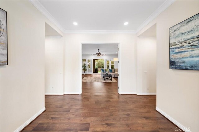 26677 Avenida Del Oro, Temecula, CA 92590 - hallway with wood finished floors, ornamental molding, and recessed lighting