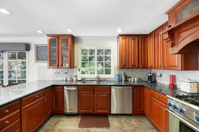 1924 E Rancho Culebra Dr, Covina, CA 91724 - kitchen with appliances with stainless steel finishes, dark stone countertops, glass insert cabinets, ornamental molding, and tasteful backsplash