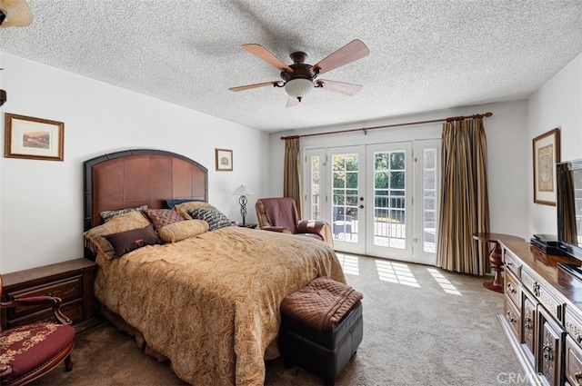 1924 E Rancho Culebra Dr, Covina, CA 91724 - bedroom featuring french doors, carpet floors, access to outside, a textured ceiling, and a ceiling fan