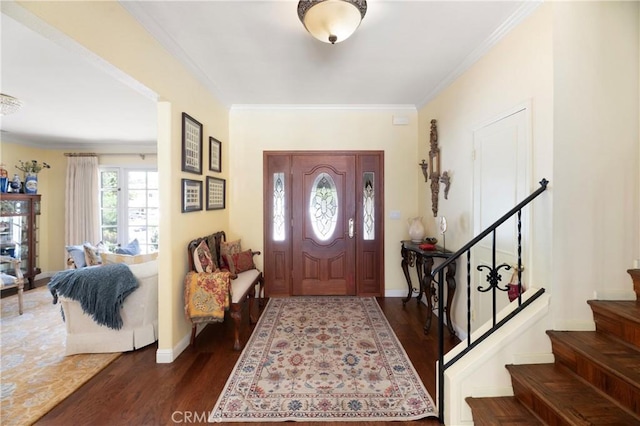 1924 E Rancho Culebra Dr, Covina, CA 91724 - entrance foyer with ornamental molding, dark wood finished floors, and stairway