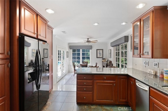 1924 E Rancho Culebra Dr, Covina, CA 91724 - kitchen featuring fridge with ice dispenser, dishwasher, a peninsula, a ceiling fan, and glass insert cabinets