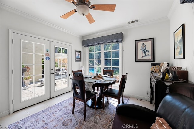 1924 E Rancho Culebra Dr, Covina, CA 91724 - dining room with french doors, ornamental molding, light tile patterned floors, and ceiling fan