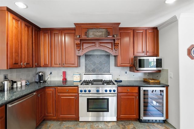 1924 E Rancho Culebra Dr, Covina, CA 91724 - kitchen with beverage cooler, appliances with stainless steel finishes, backsplash, dark stone countertops, and stone finish floors