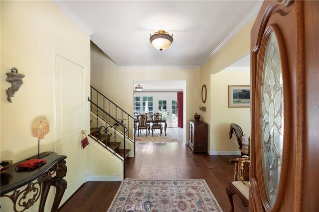 1924 E Rancho Culebra Dr, Covina, CA 91724 - entryway featuring stairs, wood finished floors, and ornamental molding