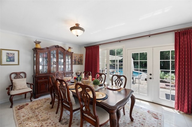1924 E Rancho Culebra Dr, Covina, CA 91724 - dining room featuring french doors, light tile patterned floors, and crown molding