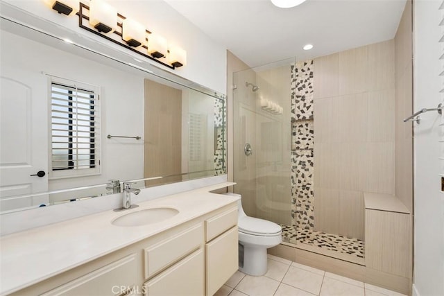 4881 S Winners Cir Unit A, Palm Springs, CA 92264 - bathroom with vanity, a walk in shower, tile patterned floors, and recessed lighting