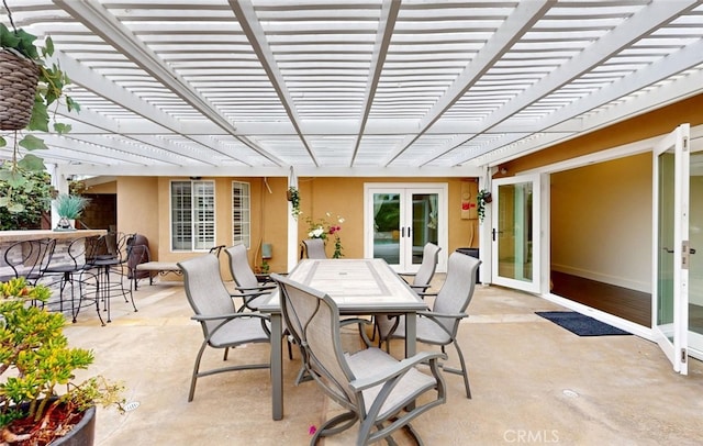 16671 Cedar Cir, Fountain Valley, CA 92708 - view of patio / terrace featuring a pergola, french doors, and outdoor dining area