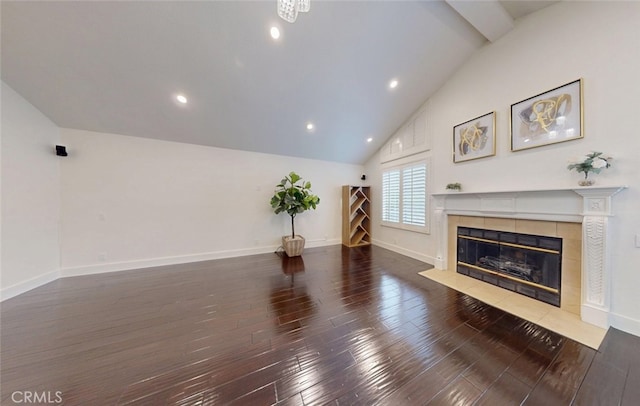 16671 Cedar Cir, Fountain Valley, CA 92708 - unfurnished living room with a tiled fireplace, wood-type flooring, lofted ceiling, and recessed lighting