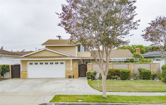 16671 Cedar Cir, Fountain Valley, CA 92708 - view of front of home with a gate, stone siding, a garage, and driveway