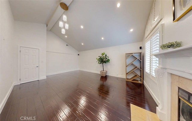 16671 Cedar Cir, Fountain Valley, CA 92708 - unfurnished living room featuring a tile fireplace, lofted ceiling, wood finished floors, and recessed lighting